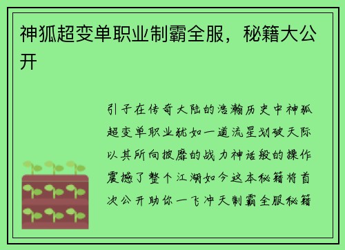 神狐超变单职业制霸全服，秘籍大公开