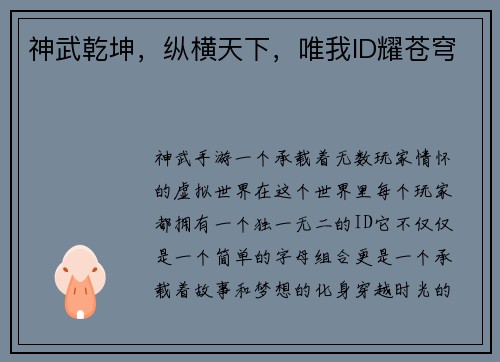 神武乾坤，纵横天下，唯我ID耀苍穹