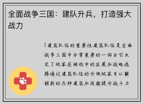全面战争三国：建队升兵，打造强大战力