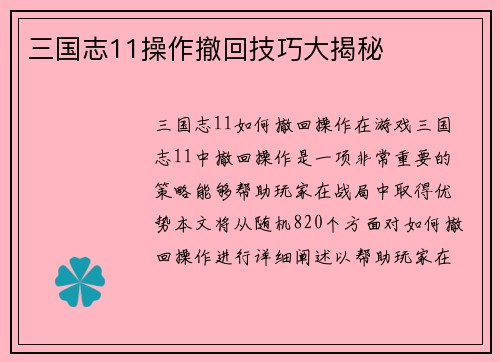 三国志11操作撤回技巧大揭秘
